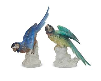2095
Two Dresden porcelain macaw parrots
20th century
Each stamped in blue: [crown] Unter Weiss Bach / Germany; alternately impressed: 9385 / 9386
Comprising one blue and one green, each perched on a floral base
2 pieces
Blue: 11.625" H x 8.25" W x 5.75" D; Green: 8.375" H x 9" W x 5.75" D
Estimate: $300 - $500