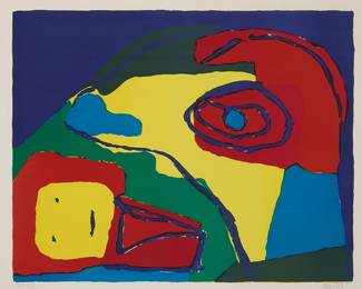 2028
Karel Appel
(1921-2006)
"La Maman aux Yeux Bleus," 1969
Lithograph in colors on paper
Edition: 62/120
Signed, dated, and numbered in pencil in the lower margin: Appel 69
Image: 19.75" H x 25.125" W; Sight: 22" H x 26.875" W
Estimate: $400 - $600