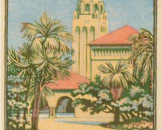 2108
Elizabeth Norton
(1887-1985)
"Stanford," circa 1920s
Woodcut in colors on tissue-thin Japanese paper
Edition: 1/75
Signed, titled, numbered, and inscribed "del., sc. et imp," all in pencil in the lower margin: Elizabeth Norton
Image: 9" H x 6.5" W; Sight: 9.75" H x 6.875" W
Estimate: $400 - $600