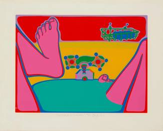 2031
Clayton Pond
(b. 1941)
"Self-Portrait in the Bathtub," from the suite "Things In My Studio," 1973
Screenprint in colors on Strathmore paper
Edition: 55/100 (there were also 10 artist's proofs and 8 deluxe proofs)
Signed, titled, and numbered in pencil in the lower margin: Clayton Pond
Image: 17.125" H x 23.125" W; Sight: 23" H x 28.75" W
Estimate: $200 - $300