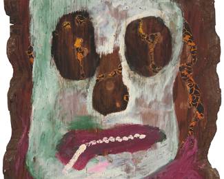 2147
Jon Serl
(1894-1993)
Face, circa 1970s
Oil and collage on reclaimed wood
Signed lower right: Jon; inscribed "N5" in another hand on the verso
23.5" H x 20.5" W (irreg.)
Estimate: $700 - $1,000