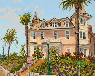 2107
Peter Loftus
(b. 1948)
"Sunshine Villa," 1992
Oil on canvas
Signed and dated lower right: Loftus 5-92; signed and dated again, and titled, all in pencil, verso
20" H x 24" W
Estimate: $600 - $800