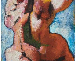 2180
Jim Morphesis
(b. 1948)
"Falling Mythological Figure"
Oil, acrylic, gouache, charcoal, pastel, and collage on wood panel
Signed lower right: Morphesis; titled on a partial label affixed verso
46" H x 30" W
Estimate: $600 - $800