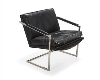 2277
A Richard Thompson armchair for Glenn of California
Mid-20th century
Unmarked
The cantilevered chromed steel frame with leather-wrapped armrests, sling seat, and leather upholstered seat back and seat cushions
30" H x 28.75" W x 30" D
Estimate: $300 - $500