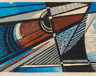 2029
Werner Drewes
(1899-1985)
"Dynamic Thrust," 1982
Woodcut in colors on paper
Edition: 79/XXX
Signed, dated, and numbered in pencil in the lower margin: Drewes -82-
Image: 9.125" H x 14" W; Sight: 9.875" H x 14.625" W
Estimate: $400 - $600