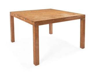2283
A Modern burlwood dining table
1970s
Unmarked
The square table with hinged flip-top
Stored: 29" H x 45" W x 45" D; Open: 90.25" W
Estimate: $500 - $700
