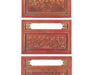 2240
Three Chinese carved wood panels
Qing Dynasty (1644-1912) or later
Each red painted wood panel with gilt remnants, carved with lotus flower motifs
3 pieces
Each: 16" H x 22.5" W x 2" D
Estimate: $200 - $300
