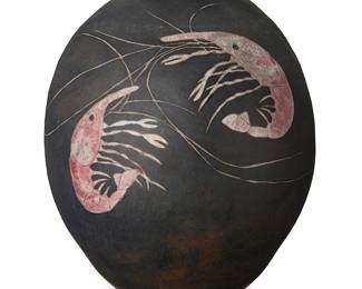 2193
A Nancy Giusti raku-style pottery vase
Late 20th century
Unmarked
The glazed ceramic vase after the Japanese pottery style, depicting two shrimp figures on a matte black ground
14.625" H x 11.5" Dia.
Estimate: $200 - $400