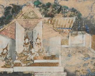 2249
A Thai narrative painting, Thailand, Rattanakosin period, 19th/20th Century
A Thai narrative painting depicting a pavilion scene, with figures dressed in elaborate garments and wearing a Chada/Mongkut headdress within overlapping temple buildings; with Thai characters written along the center of the lower edge; all painted with natural pigments on cloth, presumably linen
Sight: 14.625" H x 20.125" W
Estimate: $300 - $500
