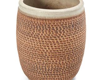 2266
A Contemporary glazed stoneware planter
Mid/late 20th century
Unmarked
The pot with reticulated body and drainage hole to underside
16.5" H x 13.5" Dia.
Estimate: $300 - $500