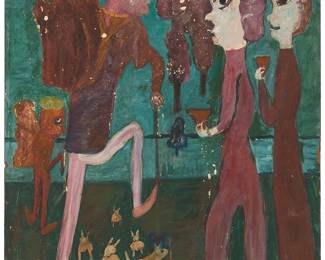 2149
Jon Serl
(1894-1993)
Figures and animals, circa 1960s
Oil on pressboard
Signed lower right: Jon; inscribed "N17" in another hand on the verso
40.5" H x 21" W
Estimate: $1,500 - $2,500
