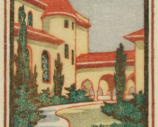 2109
Elizabeth Norton
(1887-1985)
Church, 1923
Woodcut in colors on paper
From the edition of unknown size
Signed, dated, and inscribed in pencil in the lower margin: Elizabeth Norton / 1923 / "del., sc. et imp.;" with the artist's printed red ink stylized initials in the lower margin, at right
Image: 5.625" H x 4" W; Sight: 6.25" H x 4.25" W
Estimate: $300 - $500