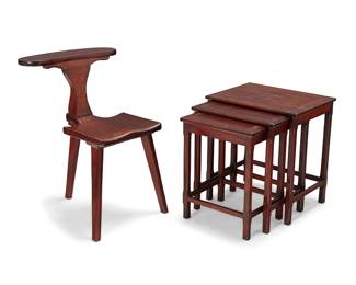 2130
An M. Hayat Brothers rosewood reading chair and nest of three tables
Circa 1960; Peshawar Pakistan
Chair with metal Hayat Brothers plaque
Each with inlaid metal scroll ornamentation, comprising a reading chair raised on three legs, and three nesting tables in graduated sizes
4 pieces
Chair: 29.25" H x 21.5" W x 21.5" D; Largest Table: 21.5" H x 19.5" W x 14.75" D
Estimate: $400 - $600