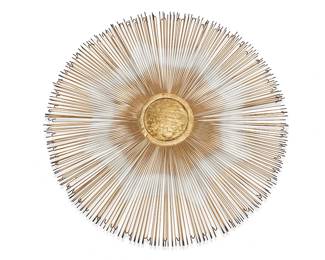 2169
A Casa Devall starburst wall sculpture
Late 20th century
Inked verso and additionally marked to metal tag: Devall
The painted copper center issuing painted metal rods
32" Dia. x 2" D
Estimate: $300 - $500