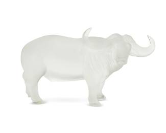2050
A Lalique glass 'Nam' water buffalo
Late 20th century
Unmarked, lacking manufacturer's sticker
Designed by Marie-Claude Lalique (1935-2003), the frosted cast glass figure of a water buffalo inspired by her travels in Africa
8.25" H x 14.5" W x 5.5" D
Estimate: $400 - $600