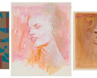 2208
A group of Mario Armond Zamparelli (1921-2012) figural artwork
A group of three gouache, watercolor, colored pencil, and mixed media illustrations on artist's board
Subjects include a stoic depiction of a woman with black hair, gazing directly outward, a profile portrait of a woman, and portrait of a woman singing or laughing
One signed and indistinctly inscribed in pencil along the lower edge; the two other unsigned, estate stamped verso
Smallest artist's board: 20.5" H x 17.25" W; Largest artist's board: 19" H x 23" W
Estimate: $300 - $500