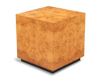 2168
Attributed to Milo Baughman (1923-2003)
A burlwood side table, late 20th century
Unmarked
Each side with book-matched panels of burlwood veneer
17.75" H x 17.25" W x 17.25" D
Estimate: $300 - $500