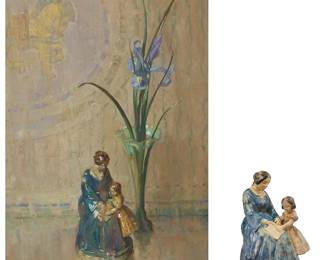 2098
Anna Richards Brewster (1870-1952)
Two works:

Still life with vase and figurine
Oil on canvas
Signed lower left: A R Brewster
19" H x 12" W

Glazed ceramic sculpture
with incised initials to underside: ARB
Ceramic: 7" H x 5.5" W x 4.75" D
Estimate: $700 - $900