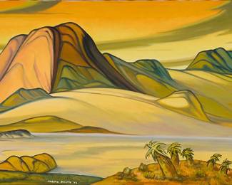 2117
Tarmo Pasto
(1906-1986)
Landscape with hills, 1976
Oil on canvas
Signed and dated lower left: Tarmo Pasto 76
30" H x 48" W
Estimate: $1,500 - $2,500

