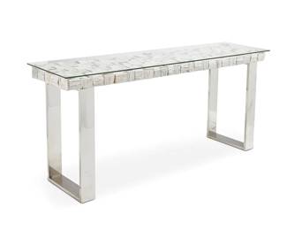 2243
An Orient Express Furniture 'Magnolia' console table
2015
Dated and attributed to paper tag
The wood table mounted with white painted wood fragments and raised on chromed steel legs, surmounted by a glass top
Overall: 30.5" H x 73" W x 17.75" D
Estimate: $400 - $600