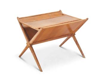 2165
T. H. Robsjohn-Gibbings (1905-1976)
A magazine table model 1646 for Widdicomb Furniture Co., 1951; Grand Rapids, MI
With metal plaque applied: Widdicomb / Designed by / T.H. Robsjohn-Gibbing; stamped with model number and date of manufacture: 1646 / 5/51
The X-form frame with turned supports
22.75" H x 29.5" W x 23.5" D
Estimate: $300 - $500