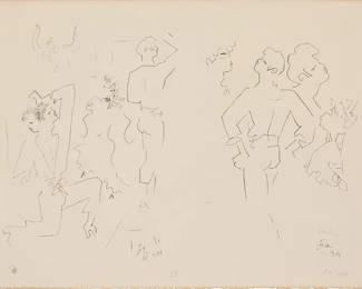 2005
Jean Cocteau
(1889-1963)
"Étude de danseurs II," plate 23 from the "Jean Cocteau: 25 Lithographies Originales" portfolio, 1956
Lithograph on Arches paper
Edition: 84/150 (there were also 25 proofs numbered in Roman numerals), printed and published in 1975
Signed, initialled, and dated (twice) in the stone: Jean / 1956 and JC /1956; with the artist's black ink estate stamp (not in Lugt), lower left, overlaid with the pencil initials of the printer: FM; numbered and inscribed with the plate number "23," both in pencil in the lower margin; Fernand Mourlot, Paris, prntr; A.C. Mazot, Paris, pub.
Image: 16" H x 24" W; Sheet: 19.5" H x 25.5" W
Estimate: $400 - $600