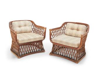 2263
A pair of Contemporary bamboo lounge chairs
Late 20th century
Each bamboo lattice frame bound by reeds, the seats with vinyl strapping, with fabric upholstered seat and seatback cushion
2 pieces
Each: 28" H x 31" W x 31" D
Estimate: $500 - $700