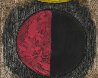 2228
Takao Tomono
(b. 1935)
"Nehan"
Etching and aquatint in colors on wove paper
Edition: 3/30
Signed and titled in English and Japanese, and numbered, all in pencil in the lower margin: Takao
Sight of Plate: 14.5" H x 10.5" W; Sight: 15.125" H x 10.5" W
Estimate: $200 - $300