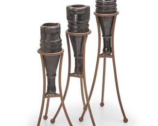 2068
Three enameled metal vessels
20th century or earlier
The cast metal vessels, each set in a metal stand
3 pieces
Tallest overall: 37.5" H; Each urn approx.: 18" H x 6" W x 5.5" D; Tallest stand: 29" H x 13" Dia.
Estimate: $600 - $800