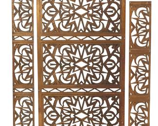 2066
Three Art Deco brass panels
Circa 1920s
Comprising three openwork panels depicting elaborate starburst motifs, each with a gold-toned finish
3 pieces
Largest: 48" H x 24" W x 0.375" D; Smaller: 42" H x 6" W x 0.375" D
Estimate: $400 - $600