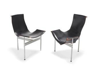 2156
William Katavolos (1924-2020), Ross Littell (1924-2000) & Douglas Kelley (b. 1928)
A pair of 'T' chairs for Laverne Originals, mid-20th century
Designed 1952
With steel frames and original black leather sling seats
2 pieces
Each: 32" H x 23" W x 22.5" D
Estimate: $400 - $600
