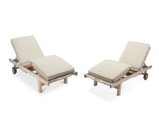 2269
A pair of Contemporary teak chaise lounge chairs
Early 21st century
Each unmarked
Each with adjustable recliners and leg supports, featuring a food serving tray stored beneath the seat, with weather-resistant fabric cushions, raised on two rubber wheels
2 pieces
Each stored without cushions: 14" H x 78.5" W x 27.5" D
Estimate: $300 - $500