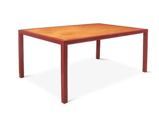 2281
A Modern carved wood dining table
1970s
Unmarked
The table with natural grain top and fretwork to red lacquered edges and legs
28.5" H x 66" W x 42" D
Estimate: $700 - $900
