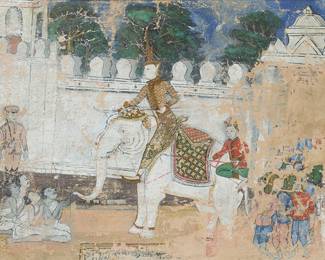 2250
A Thai narrative painting, Thailand, Rattanakosin period, 19th/20th Century
A Thai narrative painting, depicting a royal court scene with a central male figure in ornate gold attire and wearing a chada (headdress) signifying royal status, seated on the back of a white elephant. Surrounding him are citizens, two military figures in full dress, and additional courtly attendants, all arranged within an architectural and ceremonial setting; with Thai characters written along the center of the lower edge; all painted with natural pigments on cloth, presumably linen
Sight: 14.625" H x 20.125" W
Estimate: $300 - $500