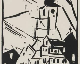2017
Lyonel Feininger
(1871-1956)
"Buttelstedt," from "Jahrbuch der jungen Kunst," vol. 1, 1920
Woodcut on paper
From the edition of unknown size
Appears unsigned; Klinkhardt & Biermann, Leipzig, Germany, pub.
Image: 7.875" H x 6" W; Sight: 8.5" H x 6.375" W
Estimate: $300 - $500