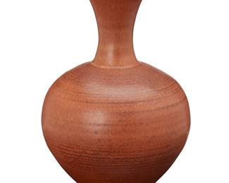 2111
Laura Andreson (1902-1999)
A glazed ceramic bud vase, mid/late 20th century
Incised signature to underside: Laura Andreson; faintly impressed, possibly reading: G; further marked: DA
With bulbus body and long flared neck
5.625" H x 4" Dia.
Estimate: $500 - $700