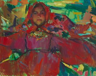 2081
Sergei Bongart
(1918-1985)
Portrait of a woman
Oil on canvas
Signed and indistinctly inscribed lower left: Sergei Bongart; numbered "46" on the stretcher
30" H x 40" W
Estimate: $600 - $800