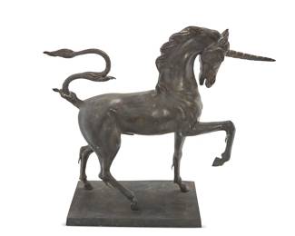 2073
A patinated bronze model of a unicorn
20th century
Set on a square base
Overall: 41" H x 47" W x 17" D
Estimate: $600 - $800