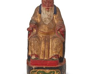 2234
An Asian polychrome carved wood deity figure
19th/20th century
The painted and gilt figure depicted seated in a horseshoe chair
10" H x 4.75" W x 4.125" D
Estimate: $200 - $300