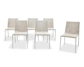 2037
Roberto Barbieri (1942-2012)
A set of six 'Alma' chairs for B&B Italia, late 20th/early 21st century
Each marked in the molding to underside: B&B Italia / alma / Design Roberto Barbieri; with manufacturer's labels stamped: BA0D
The stackable brushed steel frames wrapped in a removeable suede leather
6 pieces
Each: 32.25" H x 17.75" W x 22" D
Estimate: $800 - $1,200