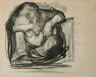 2015
After Käthe Kollwitz
(1867-1945)
"Kauernde Frau mit Kind in Schob" (Crouching woman with child in lap), one plate from "Käthe Kollwitz Handzeichnungen in originalgetreuen Wiedergaben," 1920
Collotype on laid paper
From the edition of approximately 100 facsimile reproductions of the artist's 1916 charcoal drawing
With the printed signature and date in the image, lower right: Kollwitz 1916; Emil Richter Verlag, Dresden, Germany, pub.
Sight: 16.5" H x 20.5" W
Estimate: $300 - $500