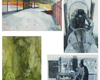 2206
A group of Mario Armond Zamparelli (1921-2012) Industrial/ aeronautical artwork
A group of four gouache, watercolor, colored pencil, and mixed media illustrations on artist's board
Subjects include an industrial scene, a man stepping inside an airplane cockpit, a man welding, and a portrait of a man in a lab; each unsigned and estate stamped verso
Smallest image: 10" H x 16" W; Largest image: 19.5" H x 11" W; Smallest artist's board: 13.75" H x 20" W; Largest artist's board: 15" H x 21.875" W
Estimate: $600 - $900