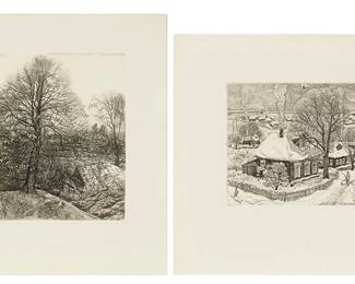 2007
Stanislav Nikireyev (1932-2007)
Two works:

Autumn leaves, 1977
Etching on wove paper, watermark unidentified
Edition: 7/10
Signed and presumably titled in Cyrillic, also dated and numbered, all in pencil in the lower margin; inscribed again in Cyrillic and dated, all in pencil, verso
Plate: 10.75" H x 10" W; Sheet: 16.875" H x 15.25" W

Town scene in winter, 1972
Etching on wove paper
Edition: 8/10
Signed and presumably titled in Cyrillic, also dated and numbered, all in pencil in the lower margin; inscribed again in Cyrillic and dated, all in pencil, verso
Plate: 8.5" H x 9.75" W; Sheet: 16.25" H x 16.75" W
Estimate: $300 - $500