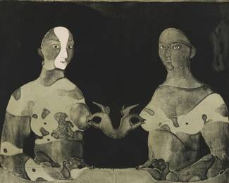 2042
Paul Wunderlich
(1927-2010)
"Bosomfriends I," 1965
Lithograph on BFK Rives paper
Edition: 2/60
Signed and numbered in pencil in the lower image corners: Wunderlich; Desjobert, Paris, prntr.; Galerie Berggruen, Paris, pub.
Sight: 25.5" H x 19.375" W
Estimate: $400 - $600