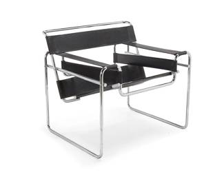 2021
After Marcel Breuer (1902-1981)
An armchair in the manner of the 'Wassily' chair for Knoll, early 21st century
Designed 1925
Unmarked
The tubular chromed metal frame with black leather sling seat, back strapping, and armrest strapping
28.75" H x 31.5" W x 27.25" D
Estimate: $500 - $700