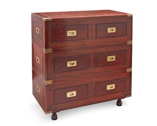 2127
An M. Hayat Brothers rosewood chest of drawers
Circa 1960; Peshawar, Pakistan
Comprising three stacked consoles, each with metal inlaid scroll ornamentation, with brass mounts, side handles, latch locks for mounting, and drawer pulls, raised on cupped legs, the upper console with drop-front writing surface, revealing three drawers centering a cabinet and letter compartments
3 pieces
Overall: 39.75" H x 36.25" W x 18.25" D; Lowest console: 15.75" H
Estimate: $500 - $700