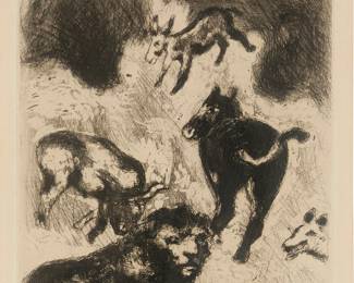 2018
Marc Chagall
(1887-1985)
"Le Lion Devenu Vieux," from "Fables de la Fontaine," circa 1930
Etching on Montval laid paper
From the edition of 100
Signed and numbered "38" in pencil in the lower margin: Marc Chagall; Tériade Editeur, Paris, France, pub.
Plate: 11.625" H x 9.5" W; Sight: 14" H x 11.25" W
Estimate: $300 - $500
