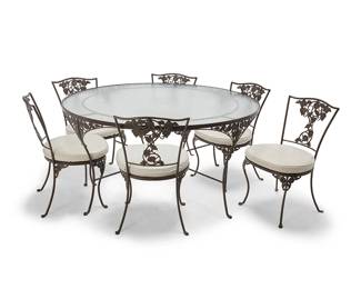 2271
A Brown Jordan 'Morning Glory' patio dining set
Early 21st century
The enameled metal set, comprising a circular dining table with a glass top (29.5" H x 60" Dia.) and six side chairs, each with white vinyl-upholstered seat cushion (32.75" H x 21" W x 23.5" D)
7 pieces
Estimate: $500 - $700