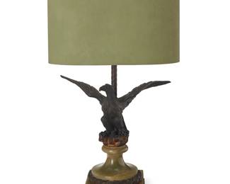 2260
A bronze eagle-form table lamp
20th century
The two-light lamp with a patinated bronze eagle-form standard and a green marble base, surmounted by an enameled metal shade, electrified
Overall: 31" H x 17" W x 10" D
Estimate: $400 - $600