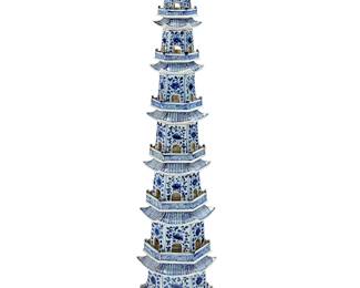 2236
A Chinese blue and white porcelain pagoda
20th century
Unmarked
The seven-tiered model decorated with floral and meandering motifs
48" H x 13.5" W x 12" D
Estimate: $300 - $500